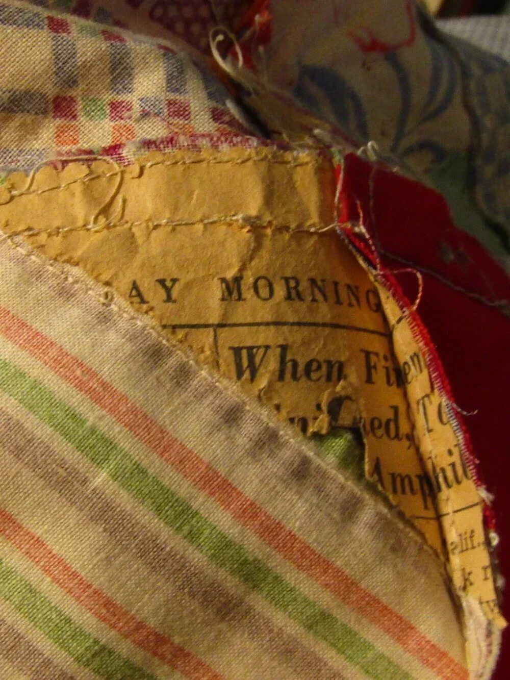 Antique DEPRESSION ERA Handstitched Unfinished Quilt Newspaper Bits on Underside